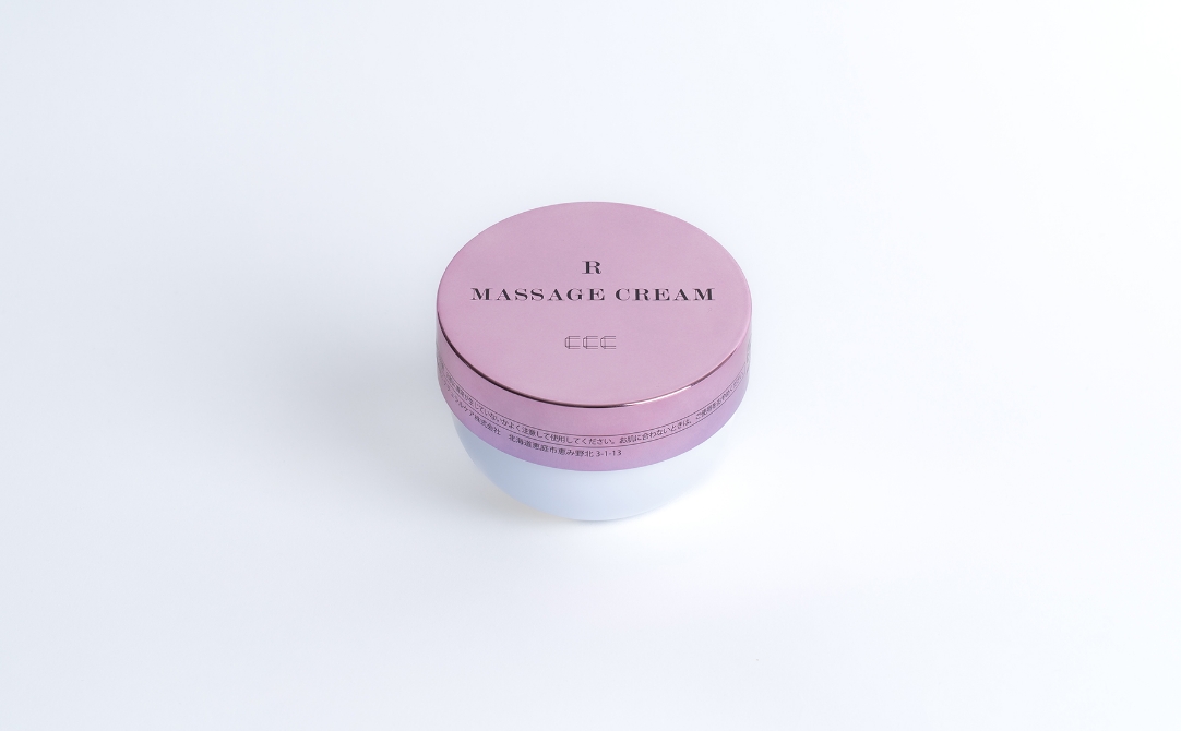 紫色のふたにR MASSAGE CREAMと記載された容器